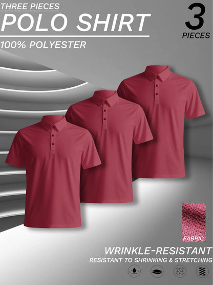 3 pcs set, men's polyester polo shirts, soft and comfortable, many colors available, suitable for daily wear - WILKYs