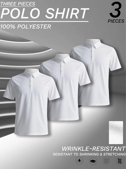 3 pcs set, men's polyester polo shirts, soft and comfortable, many colors available, suitable for daily wear - WILKYs