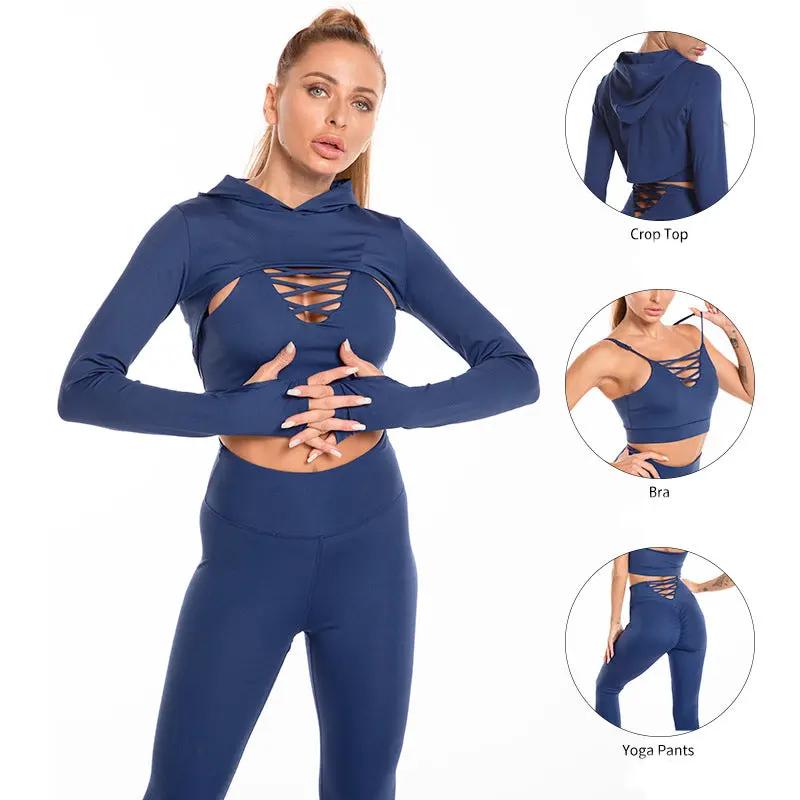 3 pcs Sports Suits Long Sleeve Hooded Top Hollow Design Camisole And Butt Lifting High Waist Seamless Fitness Leggings Sports Gym Outfits Clothing - WILKYs