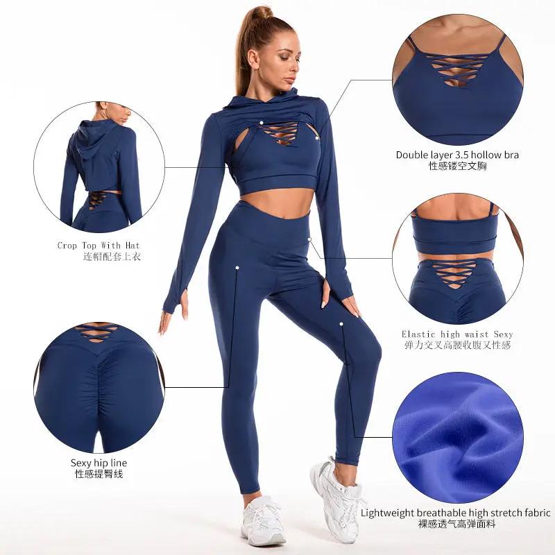 3 pcs Sports Suits Long Sleeve Hooded Top Hollow Design Camisole And Butt Lifting High Waist Seamless Fitness Leggings Sports Gym Outfits Clothing - WILKYs