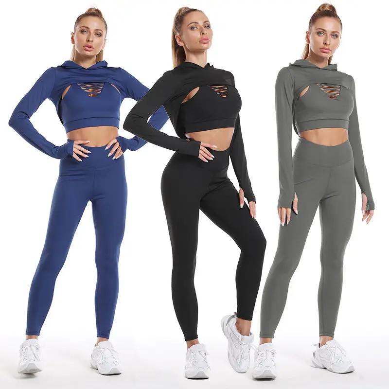 3 pcs Sports Suits Long Sleeve Hooded Top Hollow Design Camisole And Butt Lifting High Waist Seamless Fitness Leggings Sports Gym Outfits Clothing - WILKYs