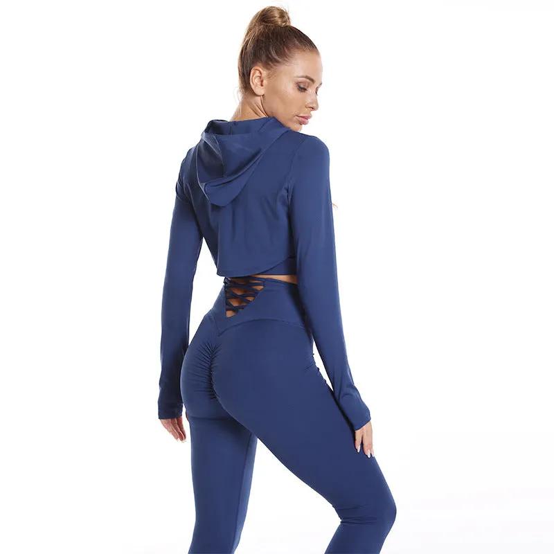 3 pcs Sports Suits Long Sleeve Hooded Top Hollow Design Camisole And Butt Lifting High Waist Seamless Fitness Leggings Sports Gym Outfits Clothing - WILKYs