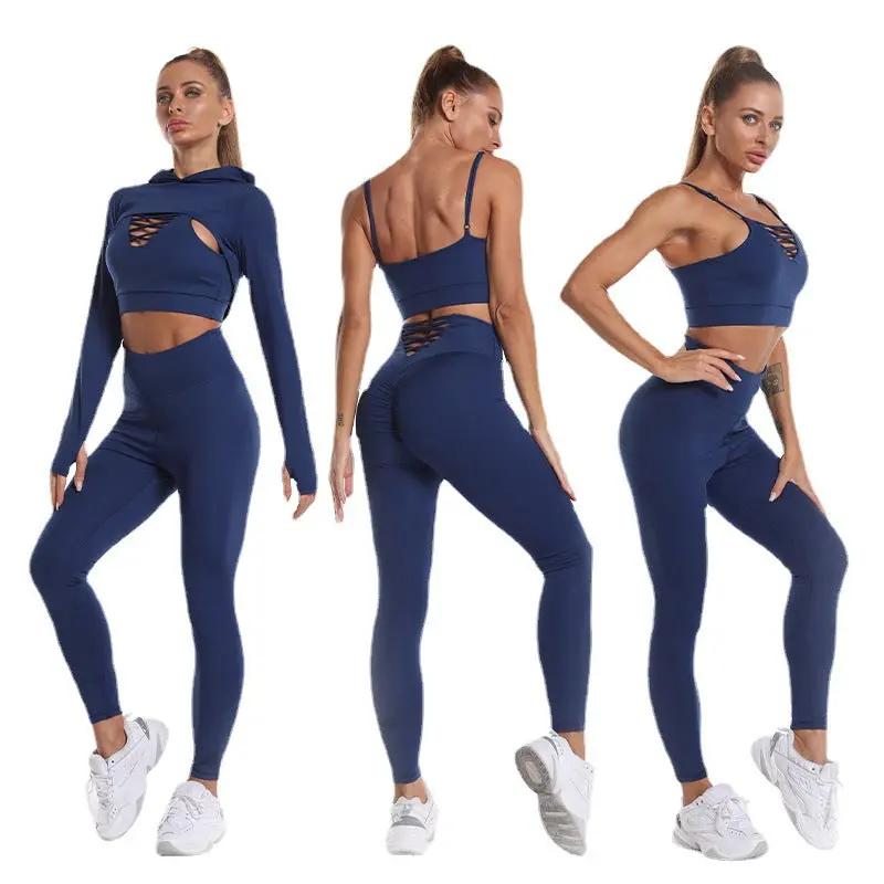 3 pcs Sports Suits Long Sleeve Hooded Top Hollow Design Camisole And Butt Lifting High Waist Seamless Fitness Leggings Sports Gym Outfits Clothing - WILKYs