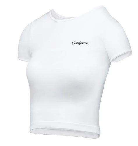 Yoga fitness short sleeve top in white with "California" text.