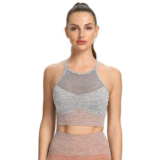 Women's fitness yoga suit sports bra in gray and pink, made from chemical fiber blended fabric.