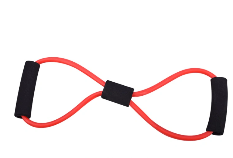 Red fitness stretching rope with non-slip foam handles, durable and elastic design.