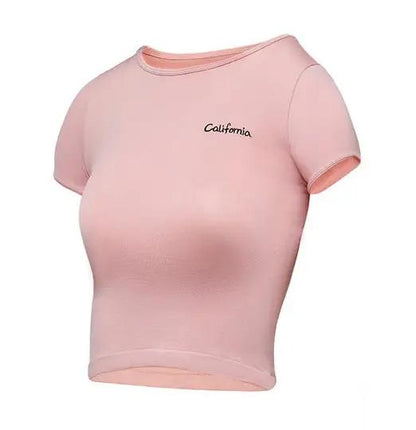 Yoga fitness short sleeve top in pink, made from nylon fabric.