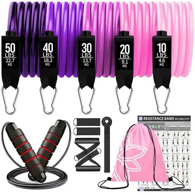 Set of resistance bands with various weights, jump rope, and pink drawstring bag on a white background.