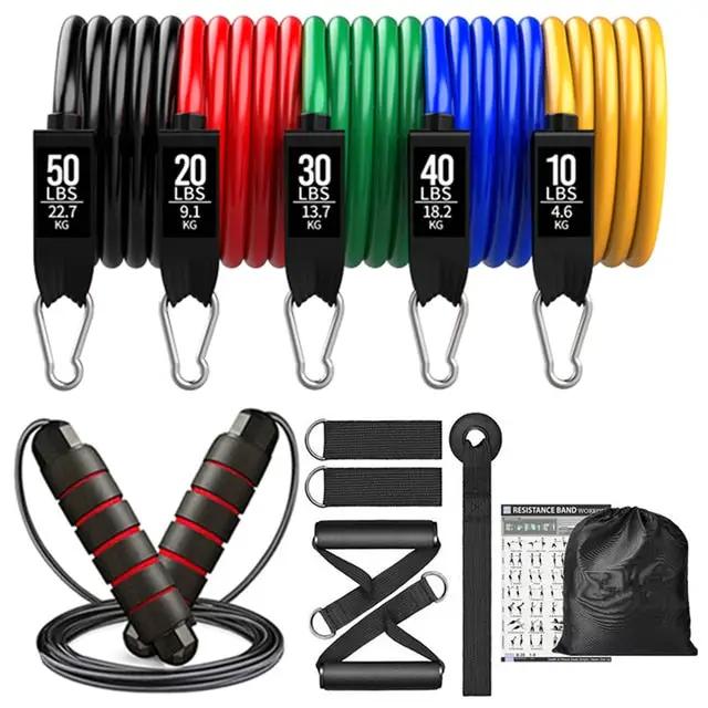 Set of resistance bands and accessories on a white background