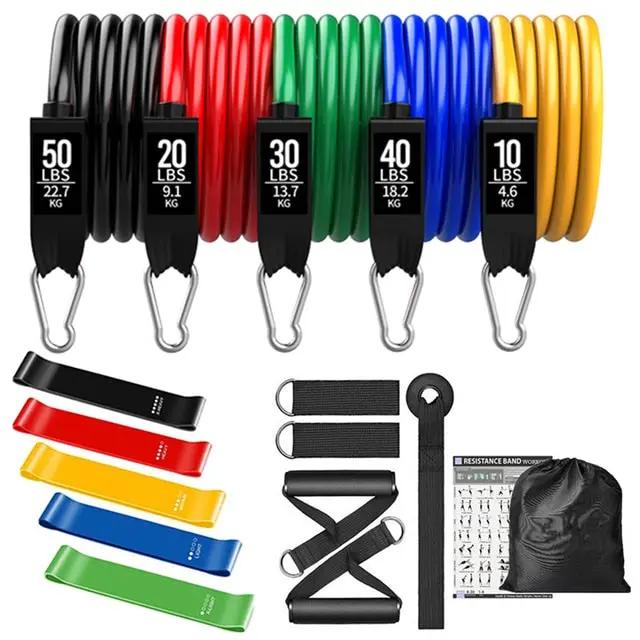 Set of resistance bands in various colors with labels indicating weight and a carrying bag on a white background.