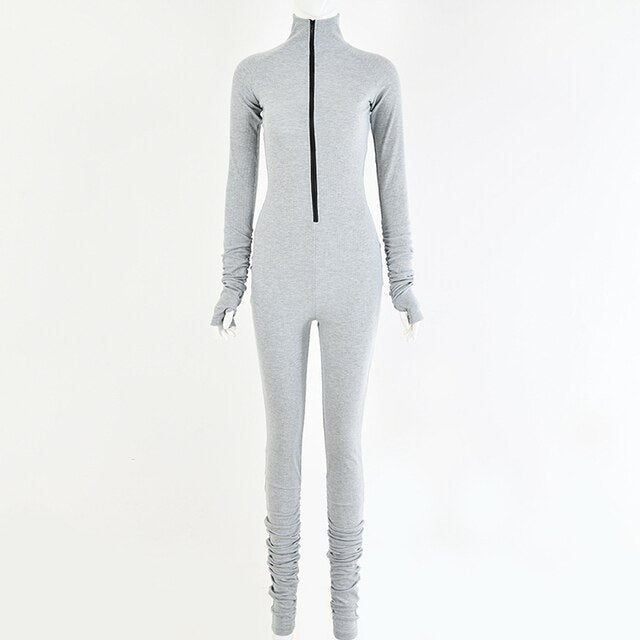 Turtleneck gloved sleeve jumpsuit leggings in gray.