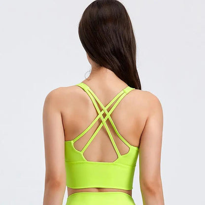 Women's fitness running yoga bra, bright green, crisscross back straps, super elastic, suitable for all seasons.