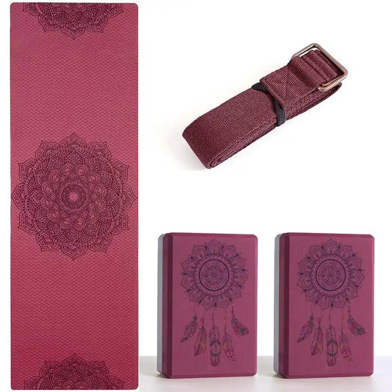 Black Mandala yoga brick set with strap and mat.