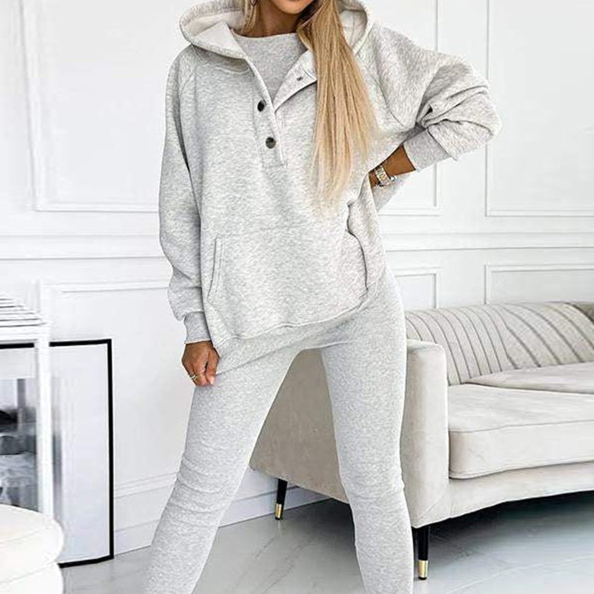 3pcs Women's Sports Suit Loose Hooded Pockets Sweatshirt And Vest And Slim Trousers - WILKYs