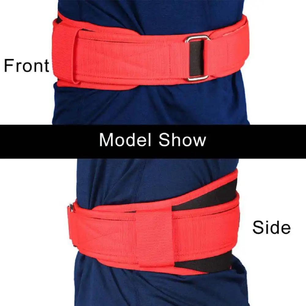 Red fitness belt for weightlifting showing front and side views on model.