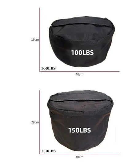 Fitness training weight-bearing sandbag sizes 100lbs and 150lbs, durable nylon fabric for gym workouts.