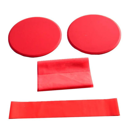 Red yoga fitness three-piece set with sliding discs, tension band, and resistance ring.