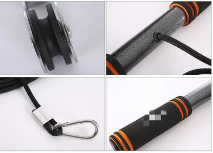 WILKYs0Qianjin stick fitness equipment
 The product is composed of: handle pull rope (nylon material) pulley 7 iron port, 9 iron port, bell piece support and 6 accessories in total.
 
 A set of integrate