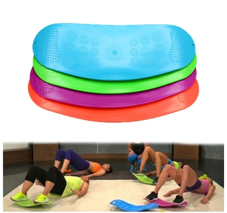 Colorful fitness balance boards with people exercising, enhancing core strength and stability.