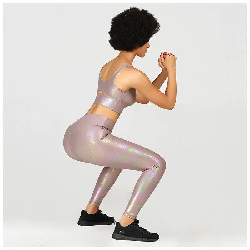 Women's sports running fitness yoga wear, nylon trousers, solid bronzing pattern, available in brown, gray blue, olive.