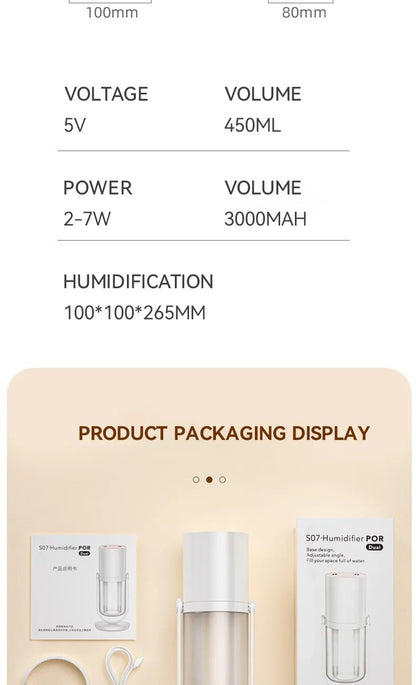450ml Desktop Humidifier Mini Air Humidifier 360°Rotatable Dual - hole Spray Wireless Rechargeable Nano Atomization - WILKYs