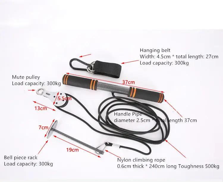 WILKYs0Qianjin stick fitness equipment
 The product is composed of: handle pull rope (nylon material) pulley 7 iron port, 9 iron port, bell piece support and 6 accessories in total.
 
 A set of integrate