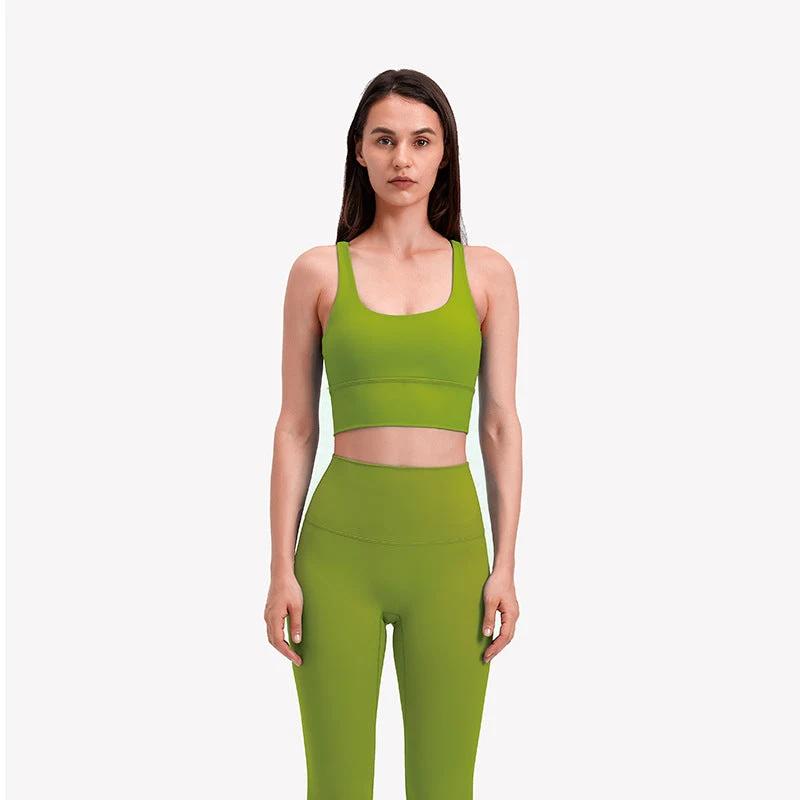 Women's fitness running yoga bra in green, super elastic, suitable for all seasons, available in sizes S to XL.