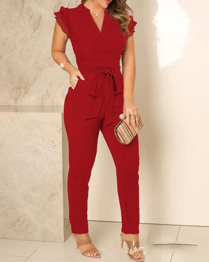 WILKYs0European And American Women's V-neck Pleated Fly-sleeve Jumpsuit
 Product information:
 


 Fabric name: cotton blended
 
 Main fabric composition: nylon/nylon
 
 Style: lightly cooked
 
 Style: jumpsuit
 
 Pants length: Nine pan