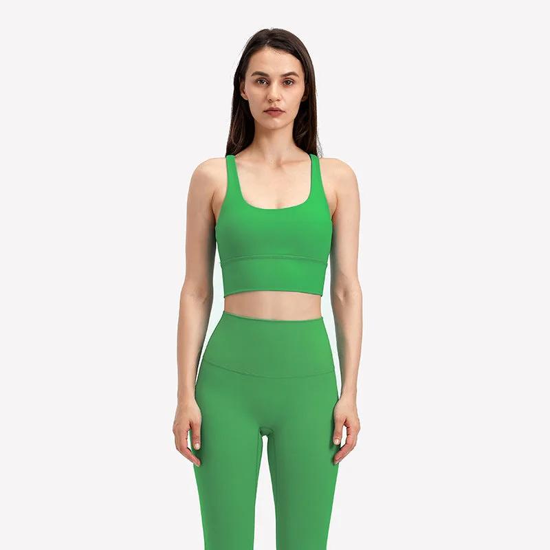 Women's green fitness running yoga bra, plain pattern, super elastic, cotton blended fabric, suitable for all seasons.