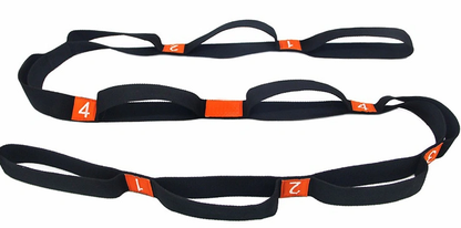 Yoga stretch strap with multiple grip loops for flexibility and mobility.