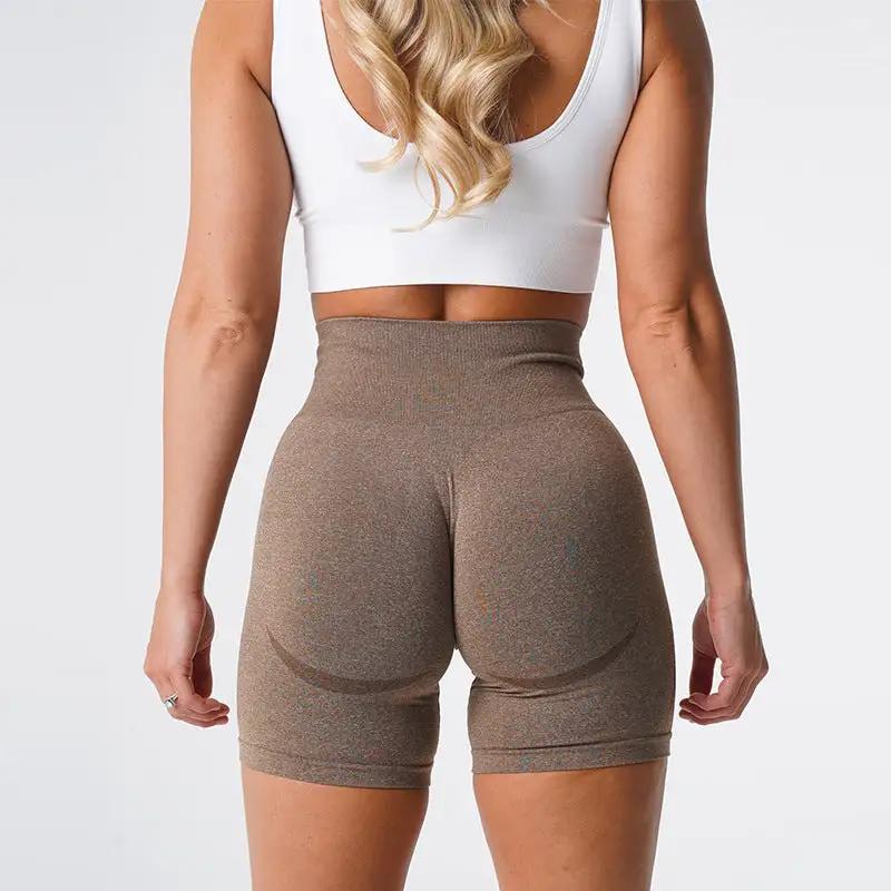 Women's yoga shorts fitness pants in brown, spandex chemical fiber blend, high waist.