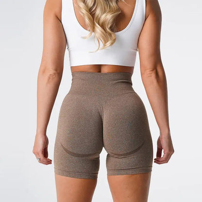 Women's yoga shorts fitness pants in brown, spandex chemical fiber blend, high waist.