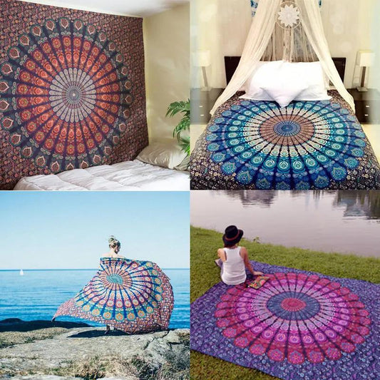 Colorful mandala-patterned yoga mat for versatile use.