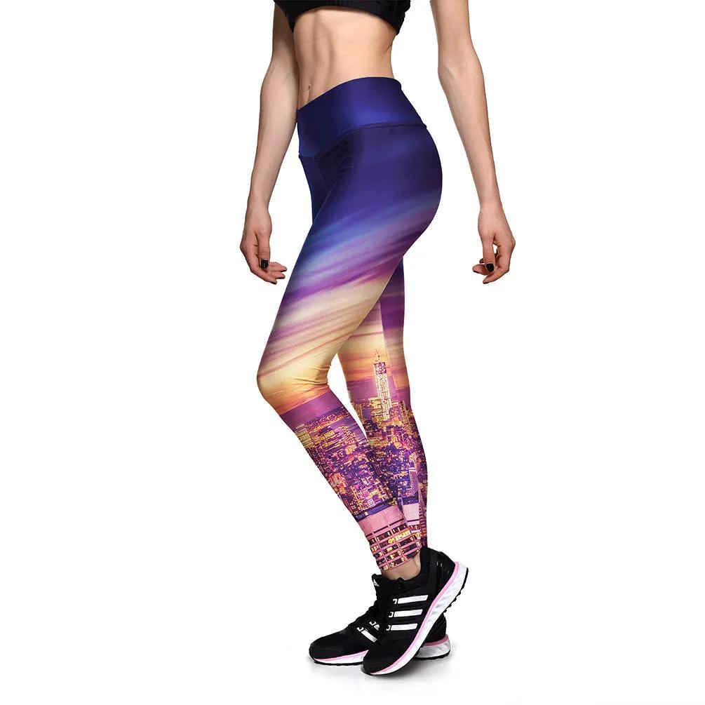 Purple starry sky high-waist yoga fitness cropped pants with moisture-wicking and quick-drying features.