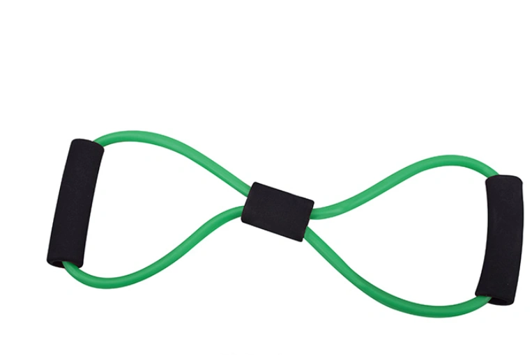 Green fitness stretching rope with non-slip foam handles and thick elastic tube.