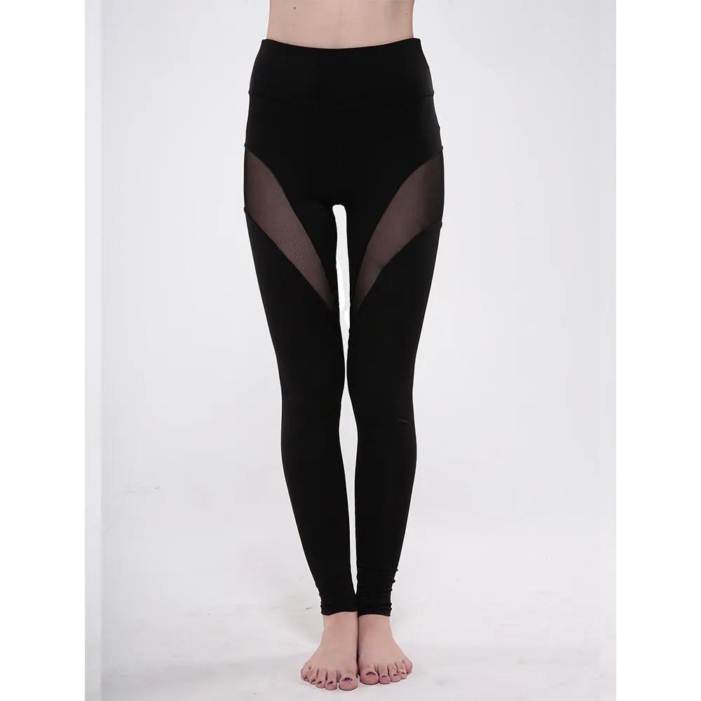 Sporty slim-fit yoga fitness pants with black milk silk fabric and mesh design.