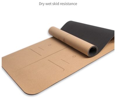 Cork yoga mat with non-slip TPE bottom, showcasing dry wet skid resistance, in black and brown.