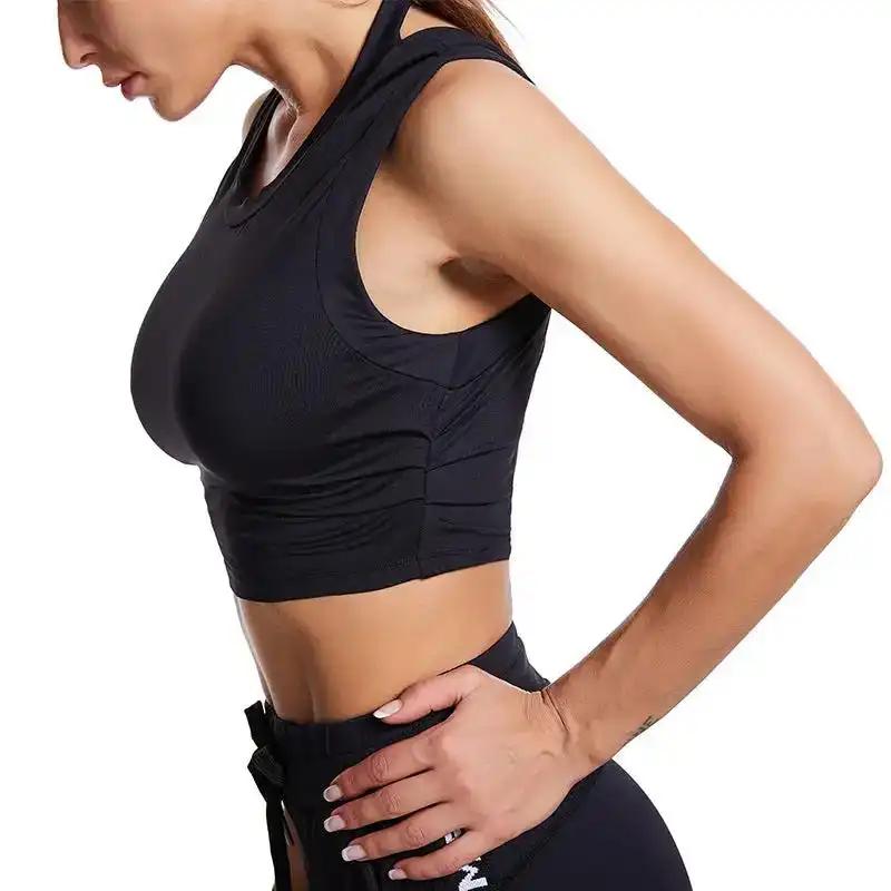 Black fitness sports female yoga vest, nylon fabric, available in sizes S, M, L, ideal for sports and yoga activities.