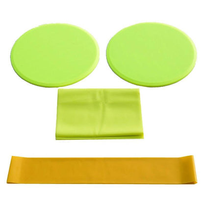 Yoga fitness three-piece set with green sliding discs, a resistance band, and a tension band in vibrant colors.