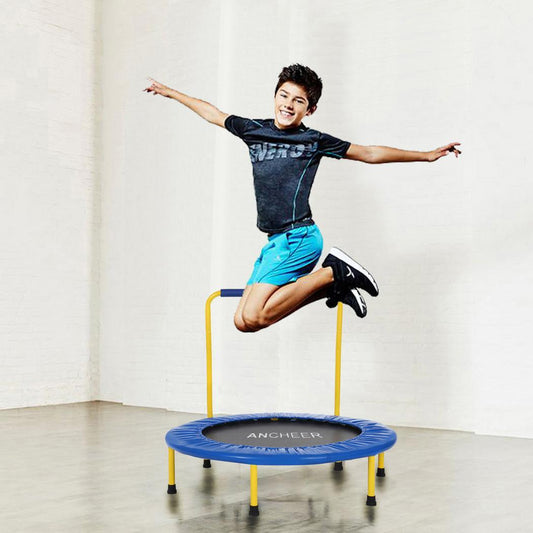 WILKYsTrampolineHousehold Children's Indoor And Outdoor Trampoline
 Product information:
 
 Size: Diameter 91cm
 
 Armrest: Type I armrest, non-adjustable, height 760mm
 
 Material: PVC
 
 Applicable people: general
 
 Color: 6212-