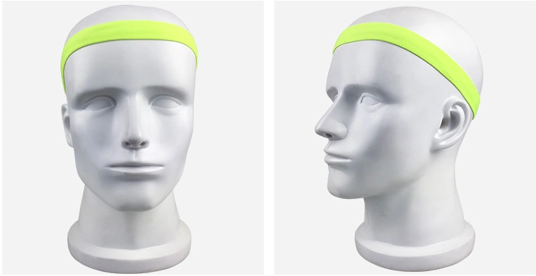 Fluorescent green fitness yoga hair band on mannequin head displaying front and side views.