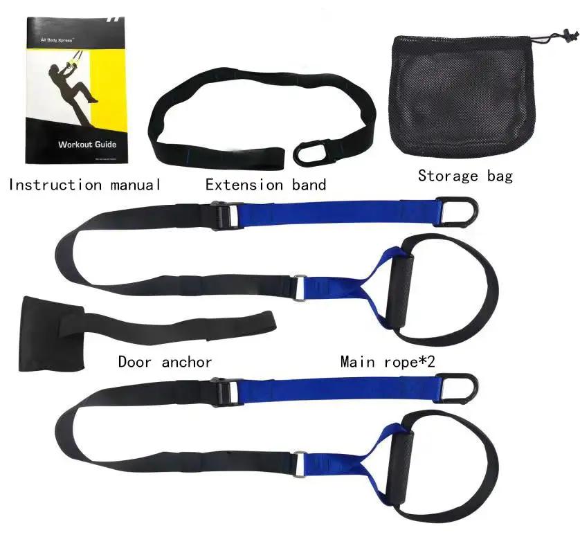 WILKYs0Multifunctional fitness tension band
 Product name: Hanging training belt
 
 Configuration: main rope * 2 extension belt * 1 door buckle * 1 manual * 1 set of cloth bag * 1
 
 Material: nylon webbing, 