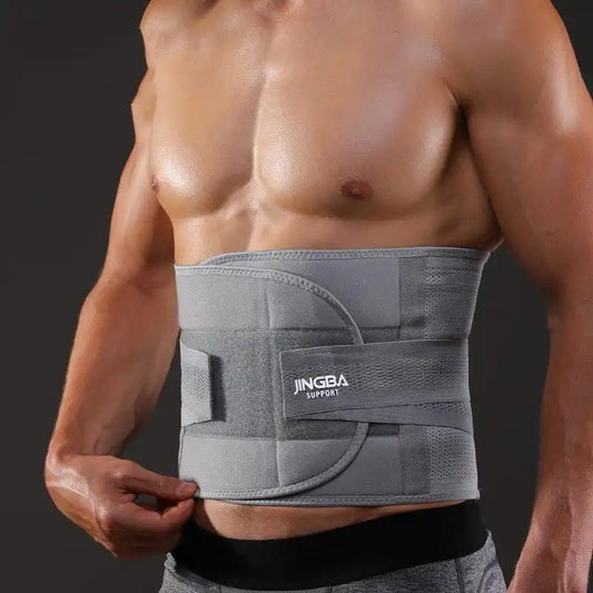 Grey exercise waist protection belt for fitness activities.