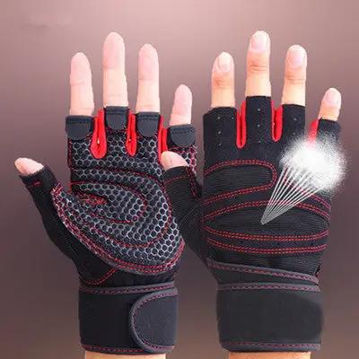 Sports fitness microfiber gloves for cycling and bodybuilding in black with red accents.