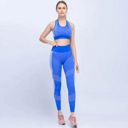 Blue seamless yoga set for fitness sports with high-waisted leggings and sports bra.