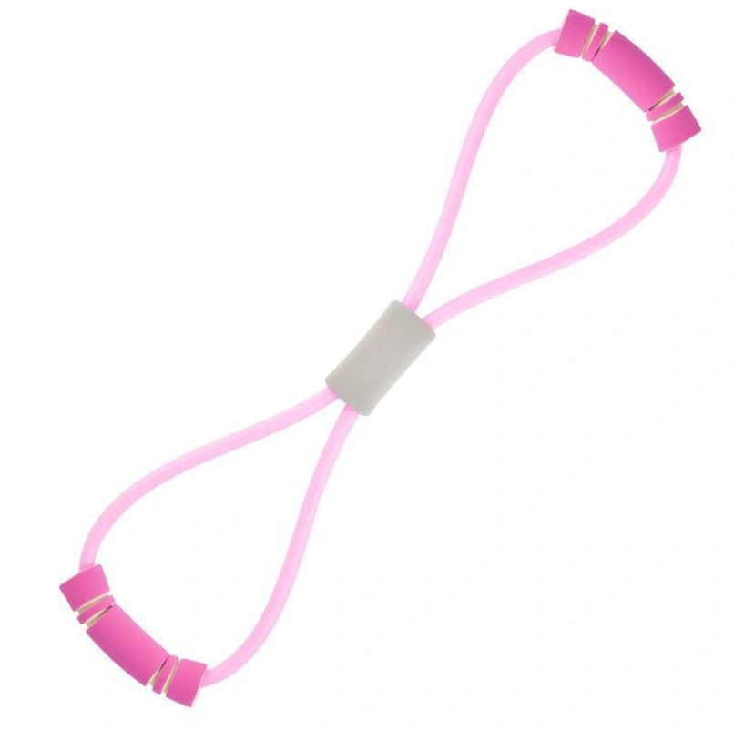 Pink fitness stretching rope with non-slip foam handles.