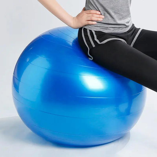 Blue yoga ball for fitness, suitable for beginners and children exercise.