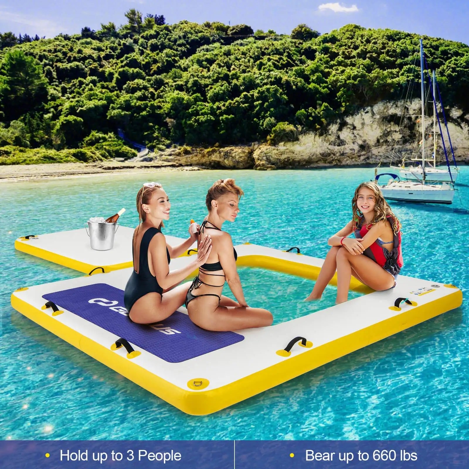 8 ft x 8 ft Inflatable Floating Dock w/ Mesh Swim Lounge Removable Insert - WILKYs