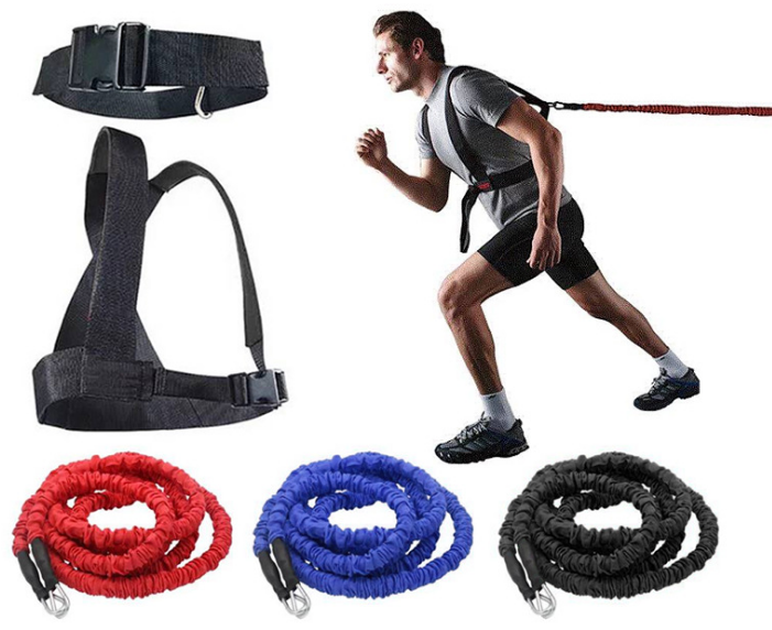 WILKYs0Double resistance band pull pull rope stretch track and field track an
 NAME: Double Explosive Force Trainer
 
 COLOR: Red / Black
 
 MATERIAL: Belt in PP / TUBE rubber / hook
 
 LENGTH: 5 M / 2 M
 
 RUPTURE FORCE: 50LB
 
 


 Packing 