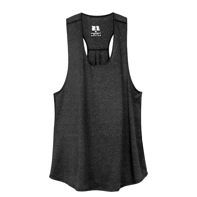 Dark gray workout tank top with racerback style made of breathable polyester fabric.